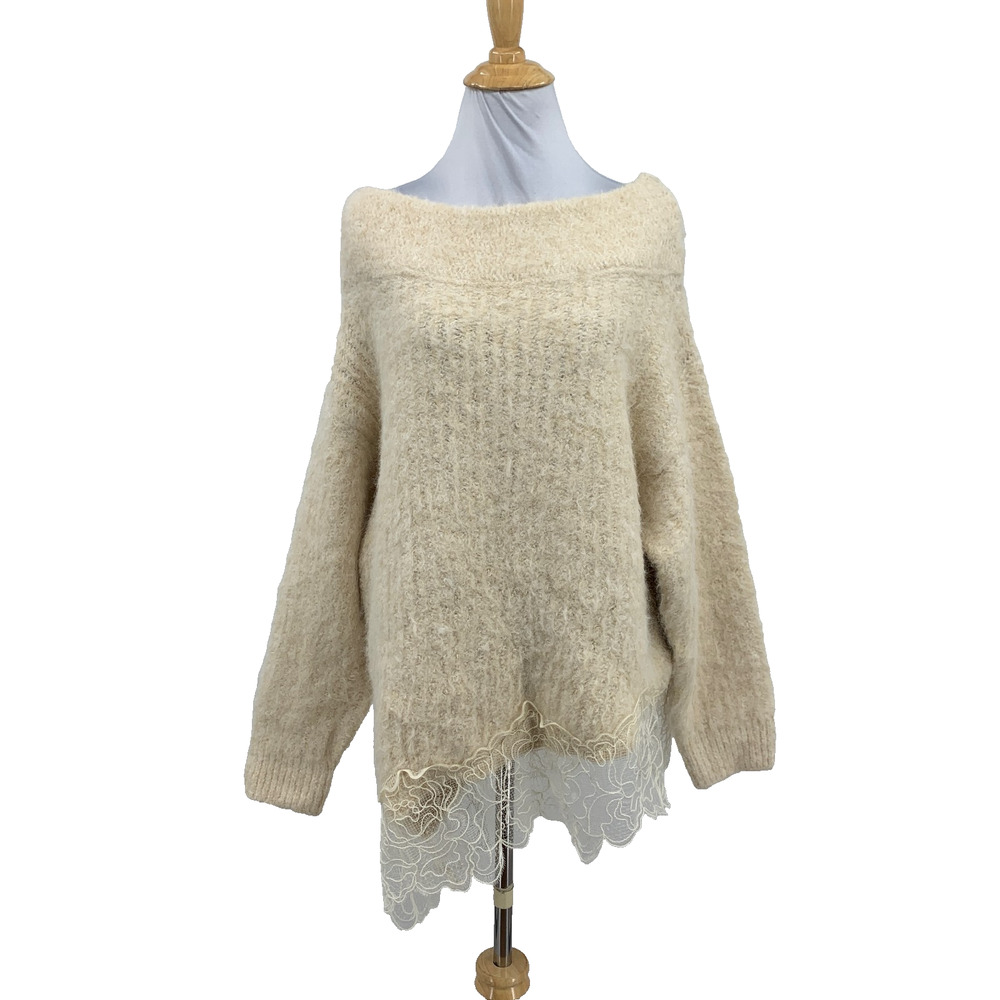 Zara Sweater Womens Small Ivory Lace Combo Knit Wool Blend Asymmetrical Pullover